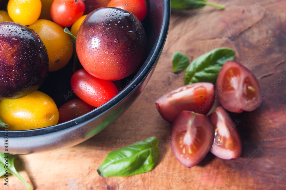 Tomates negros y de colores, cultivados en huerto de casa de manera orgánica Tomates negros y de colores, cultivados en huerto de casa de manera orgánica