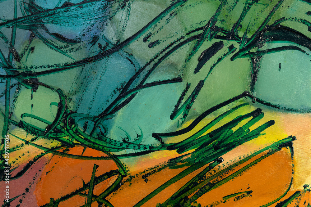 Obraz premium Abstract painting fragment with vibrant colors, strong shapes and brushstrokes textures. Artistic unique painting.