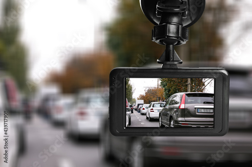 Wallpaper Mural Modern dashboard camera mounted in car, view of road during driving Torontodigital.ca