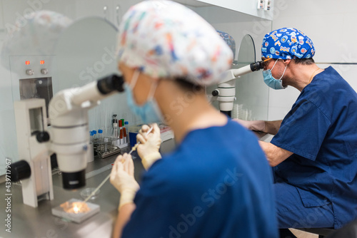 Embryologists controlling in vitro fertilization with microscopes