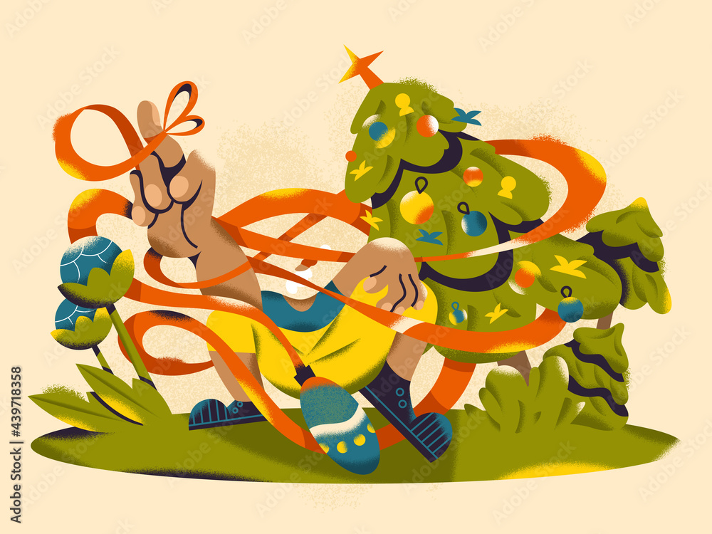 Santa Claus under Christmas tree playing festive yoyo ornaments Santa Claus under Christmas tree playing festive yoyo ornaments