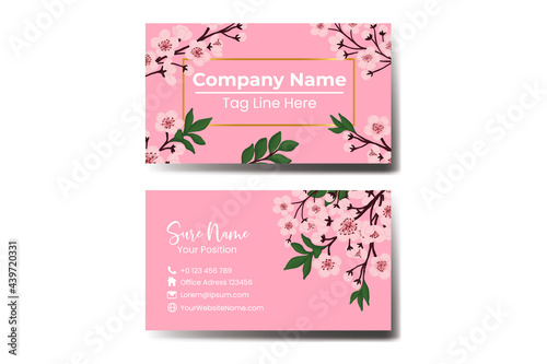 Business Card Template Sakura Cherry Blossom Flower .Double-sided Blue Colors. Flat Design Vector Illustration. Stationery Design