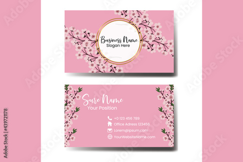 Business Card Template Sakura Cherry Blossom Flower .Double-sided Blue Colors. Flat Design Vector Illustration. Stationery Design
