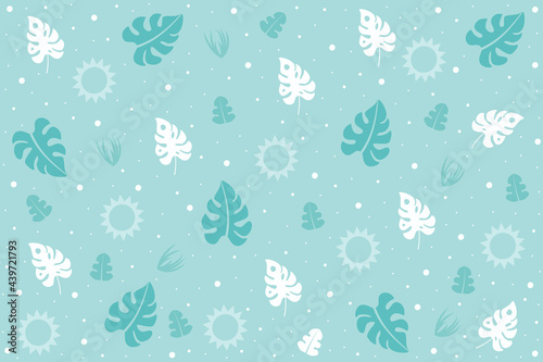 Blue tropical design with plant leaves and summer symbols. Concept of summer background.