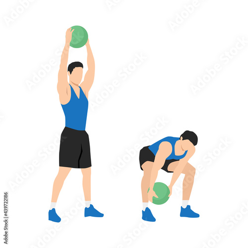 Man doing Medicine ball slams against the floor. swings exercise. Flat vector illustration isolated on white background