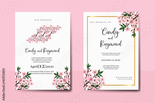 Wedding invitation frame set, floral watercolor Digital hand drawn Sakura Cherry Blossom Flower design Invitation Card Template