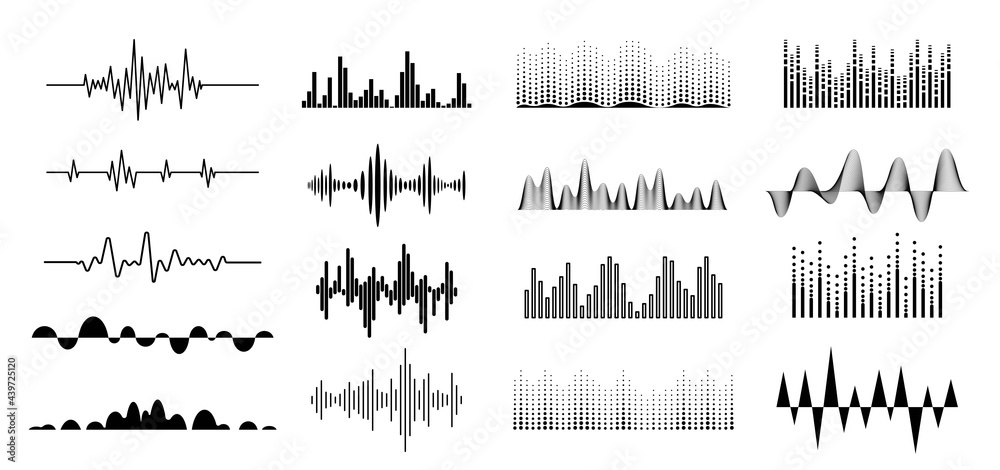 Sound waves icons set. Pulsing, wavy line of audio signal, voice and music. Concept for radio voice, soundtrack, equalizer. Design element for medical equipment and music application. Isolated. Vector