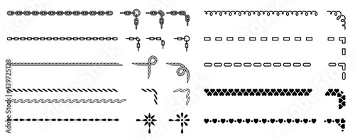 Seamless decorative borders and frame elements. Set of vintage divider ornaments. Chains, ropes, and geometric patterns. Isolated. Vector