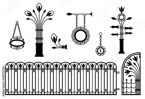 Iron fence with gates, signboards, pointers and lanterns. Metal entrance, street lights, signs in vintage style. Beautiful and sophisticated forged design elements. Black silhouette. Isolated. Vector