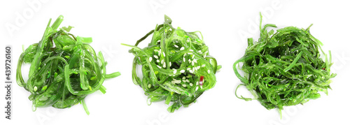 Japanese seaweed salad on white background, top view. Collage