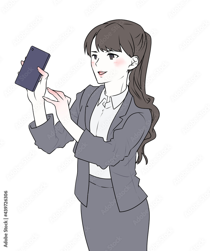 イラスト素材 スマホで写真を撮るスーツの若い女性 Stock Illustration Adobe Stock