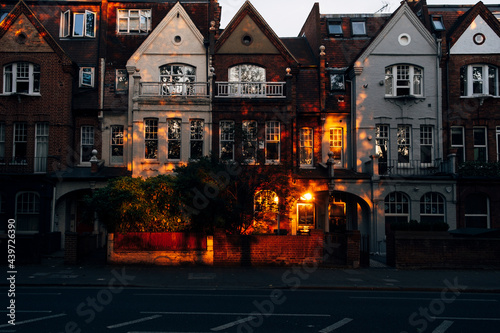 English terraced houses in London at sunset.