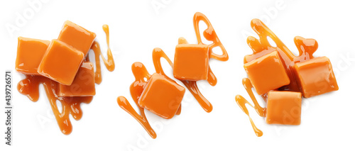 Set of delicious caramel candies with sauce on white background, top view. Banner design photo