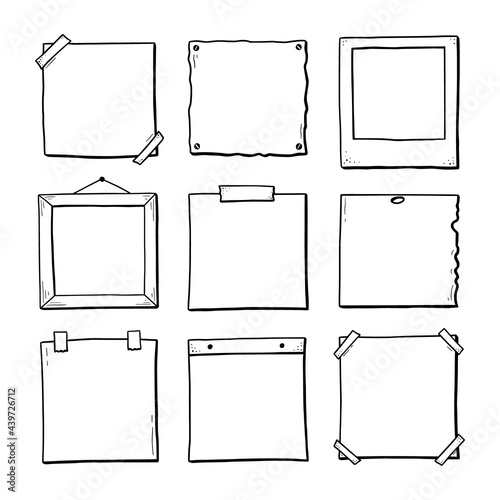 Hand drawn set of paper sticker, photo frame, picture border. Doodle sketch style. Frame of square and rectangle shape. Vector illustration.