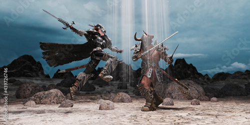 Fantasy warriors battling in barren landscape photo