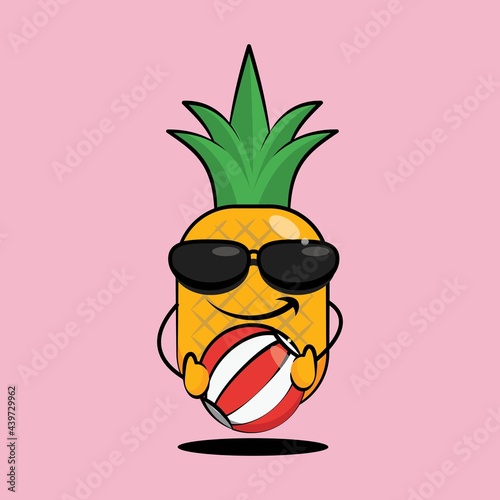 Cool pineapple cartoon is hugging a volley ball vector illustration design