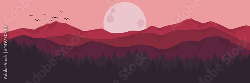 moonrise in mountain forest vector illustration for web banner, blog banner, wallpaper, background template, adventure design, tourism poster design, backdrop design	