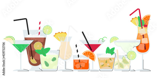 Summer alcohol cocktail set with copy space isolated on white. Horizontal banner with ten fresh popular drinks for bar menu. Holidays, vacation and beach party concept. Vector flat line illustration