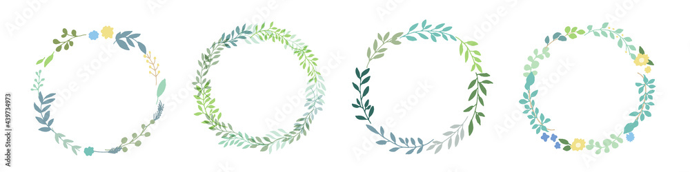 手描きタッチの様々な草木と葉っぱのリースフレームイラスト　vector botanical illustration elements  frame