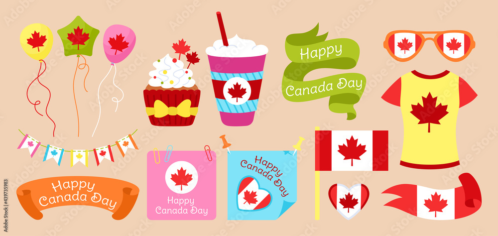 Happy Canada Day flat set. Flag ribbon with maple leaf, tshirt, pennant garland, cup coffee, muffin, paper memo note sticky, glasses, balloon strip tape. Canadian patriot kit design template vector