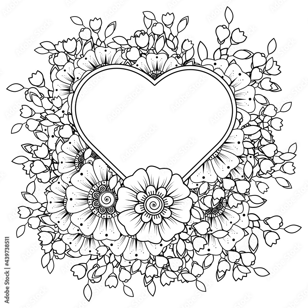 Mehndi flower with frame in shape of heart for henna, mehndi, tattoo, decoration. decorative ornament in ethnic oriental style. doodle ornament. coloring book page. Mehndi flower with frame in shape of heart for henna, mehndi, tattoo, decoration. decorative ornament in ethnic oriental style. doodle ornament. coloring book page.