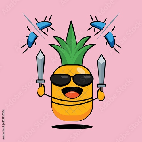Cute pineapple character is killing virus with sword vector design