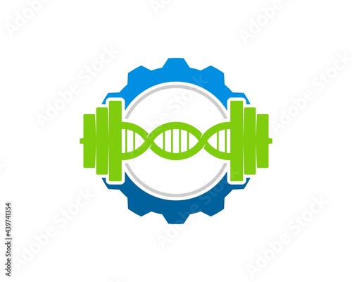 Mechanical gear with gym barbel and DNA symbol inside