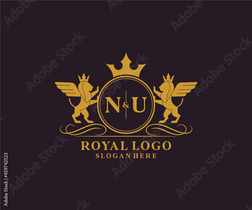 Initial NU Letter Lion Royal Luxury Heraldic,Crest Logo template in vector art for Restaurant, Royalty, Boutique, Cafe, Hotel, Heraldic, Jewelry, Fashion and other vector illustration.