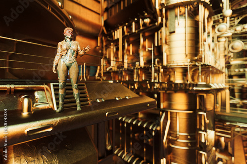 Woman in aerial walkways of futuristic golden city photo