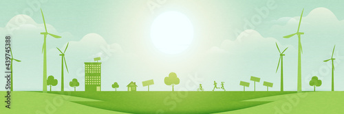 Family enjoy outdoor activities on green park.Green eco city on nature landscape background.Environment and Ecology concept.Vector illustration.