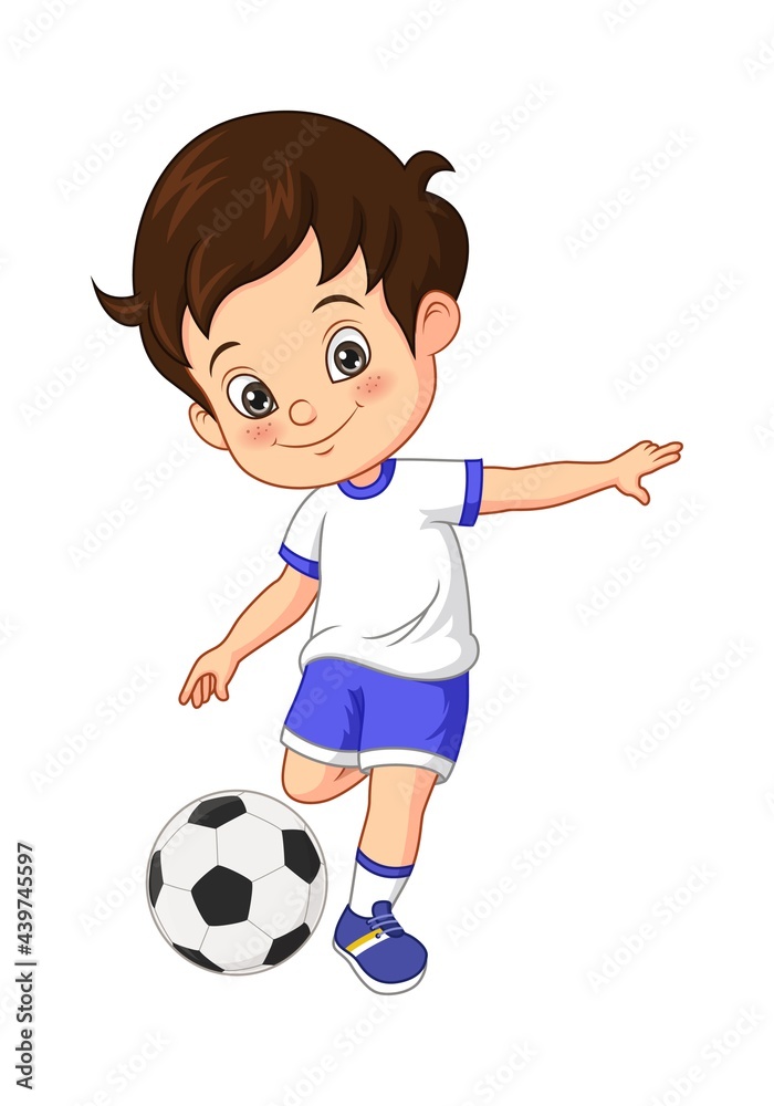 Cartoon little boy playing soccer