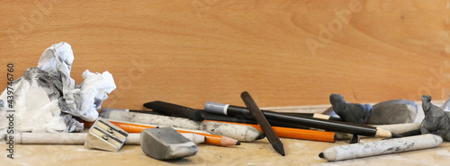 Canvas Print A wide shot a of a range of traditional, used artists drawing media and materails