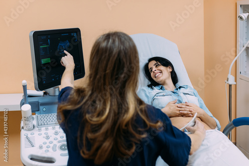 Female doctor performing a  ultrasound to a patient photo