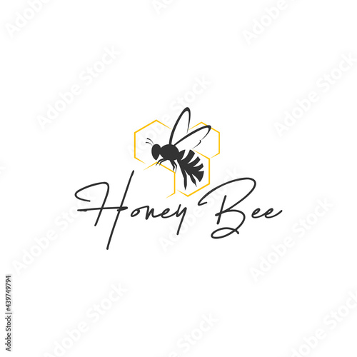Flying Bee with honeycomb. Honeybee Logo.