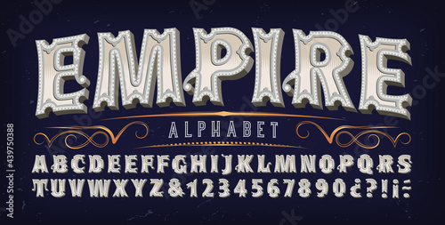 Empire alphabet; A multi-dimensional 3d font with subtle ornate and vintage Byzantine detail. Good for elegant historic and old world logo designs, film or game titles, etc.