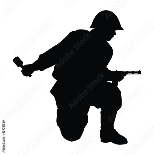Soviet unions soldier with a rifle gun  during world war 2 silhouette vector on white background