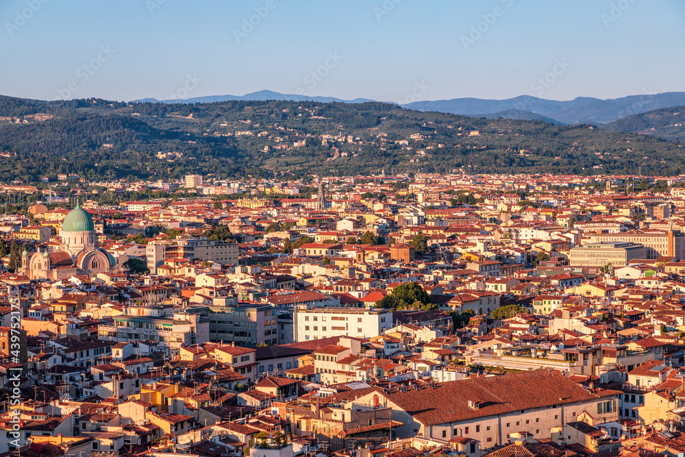 Florence, Italy - 20 June, 2019 :  panoramic city overview from Arnolfo Tower (Torre di Arnolfo) - 95m-tall medieval tower.