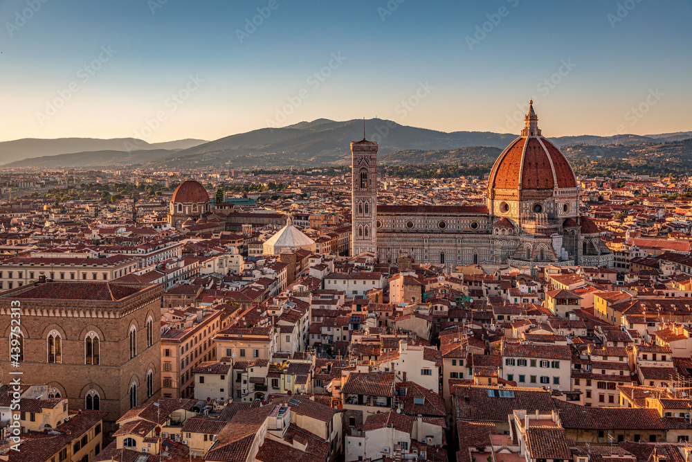 Florence, Italy - 20 June, 2019 :  view of Cathedral of Santa Maria del Fiore, known for its red-tiled dome, overview from Arnolfo Tower (Torre di Arnolfo) - 95m-tall medieval tower.