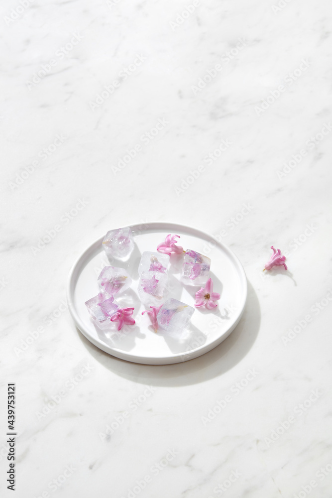 Ice cubes with flowers on white plate Ice cubes with flowers on white plate