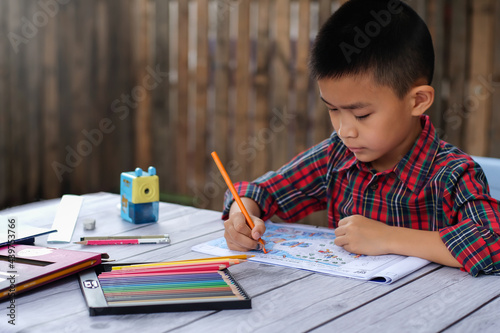 Asian boy doing homework art class at home