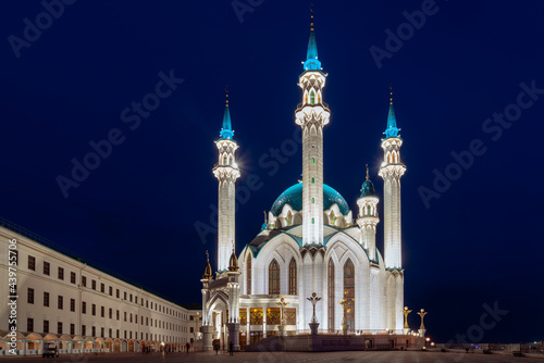 View of the Kul Sharif Mosque in the Kazan Kremlin in the night light  Kazan  Tatarstan  Russia.