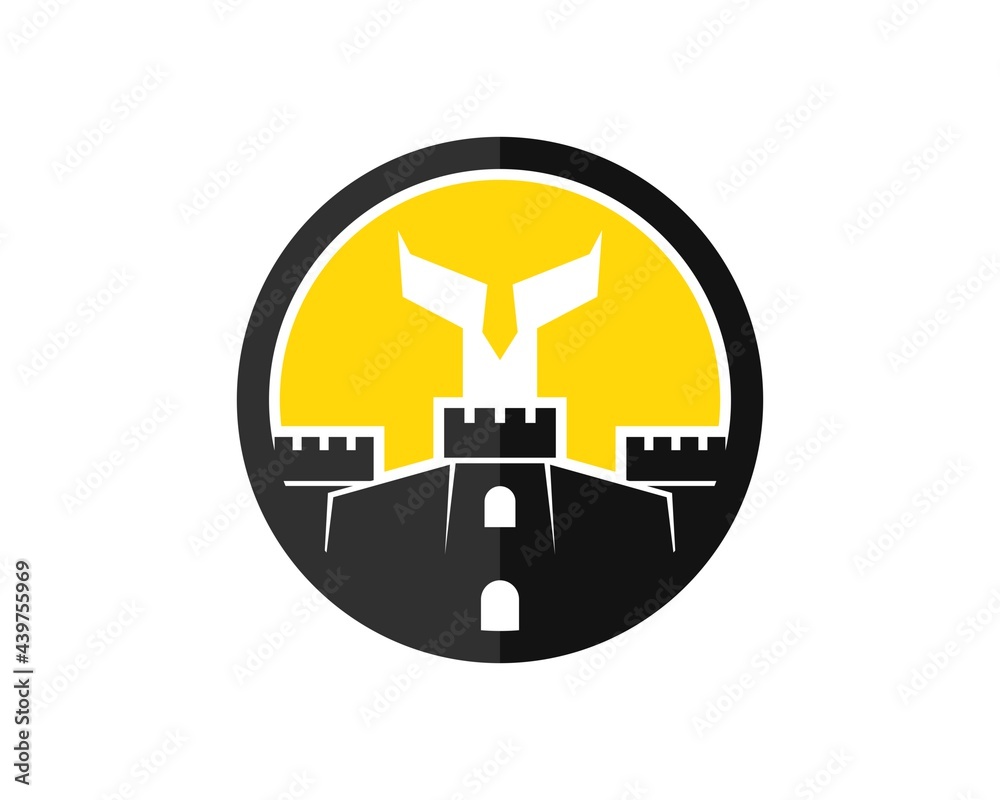 Circle shape with ancient fortress and knight face inside Circle shape with ancient fortress and knight face inside