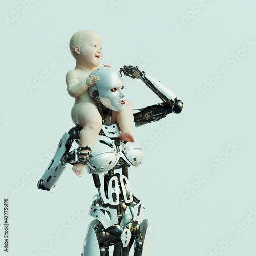 Futuristic robot carrying baby on shoulders photo