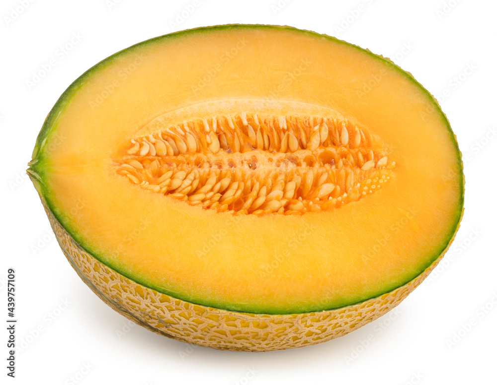 Yellow melon or cantaloupe melon with seeds isolated on white background, US Muskmelon on white background With clipping path Yellow melon or cantaloupe melon with seeds isolated on white background, US Muskmelon on white background With clipping path