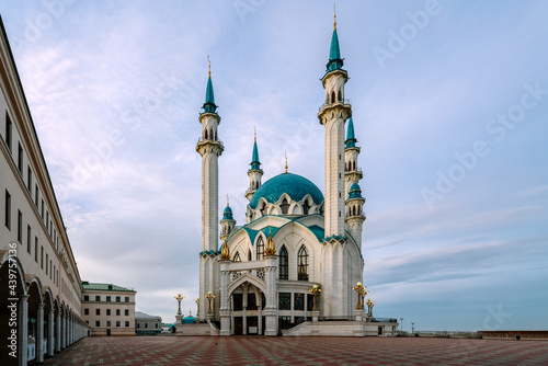 Kul Sharif Mosque in the Kazan Kremlin with lights on on a sunny spring morning, Kazan, Tatarstan, Russia.