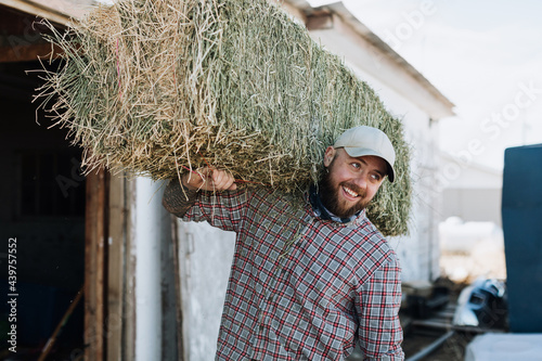 Smiling Rancher Carrying Bale of Hay photo