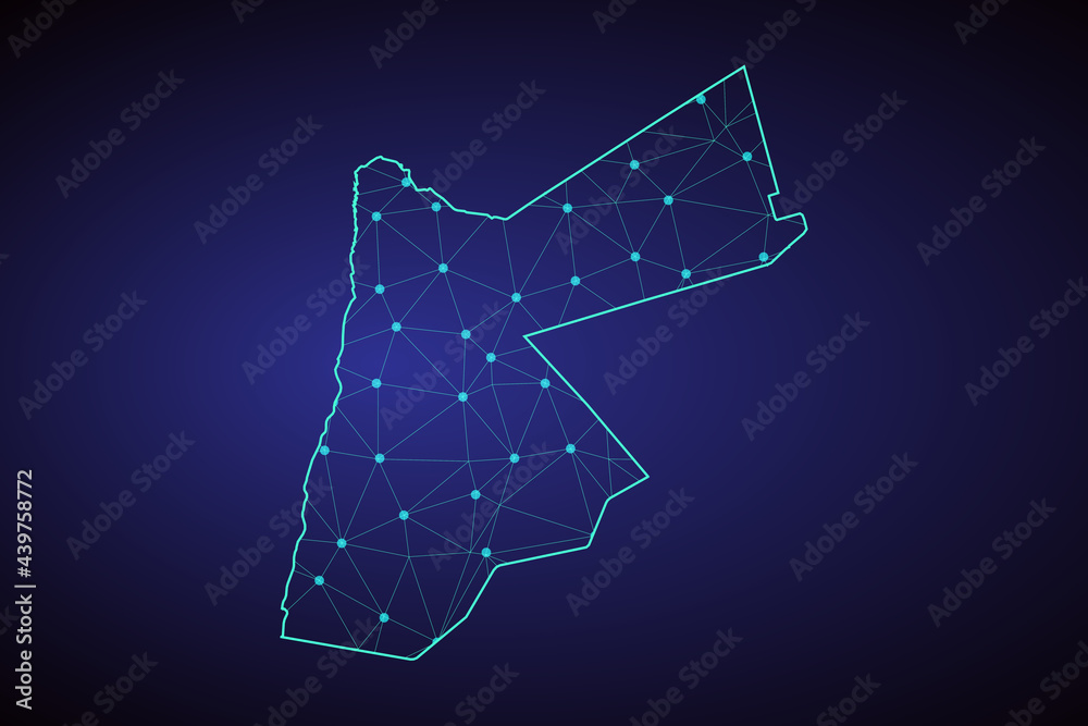 Obraz premium Map of Jordan. Wire frame 3D mesh polygonal network line, design sphere, dot and structure. communications map of Jordan. Vector Illustration EPS10.