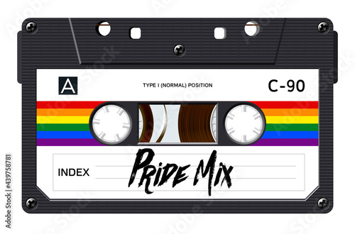 Cassette with retro label as vintage object for 80s revival mix tape design