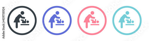 Changing station restroom sign vectors icon. Woman changing diaper of baby symbol on circle button.