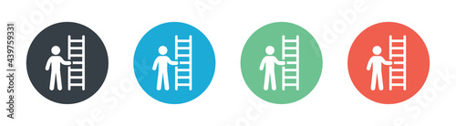 Person with ladder icon. Climbing up tool vector illustration. Button circle graphic design.